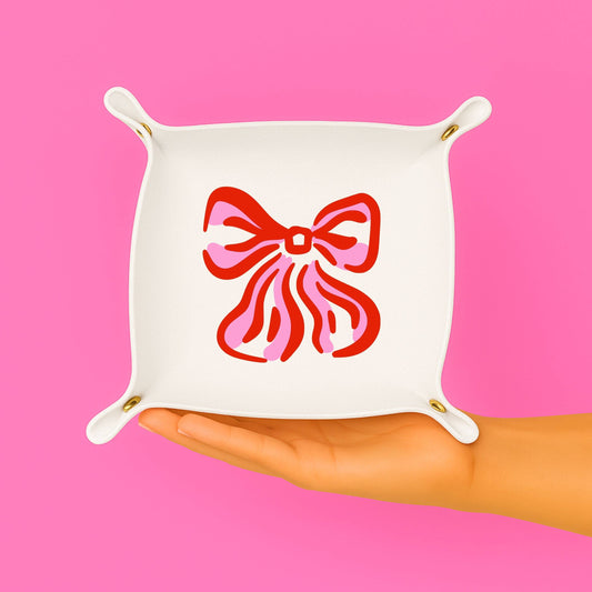 Cute trinket gift tray catchall |Pink & Red Bow (White)