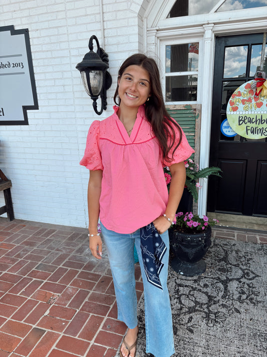 Umgee Pink Eyelet Puff Sleeve Blouse